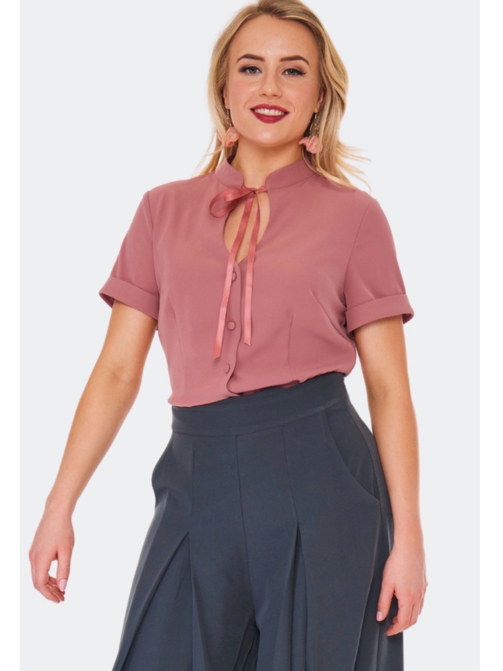 Voodoo Vixen NWT Retro Rose Tie-Neck Short Sleeve Blouse US 12/14 (UK 16/XXL)